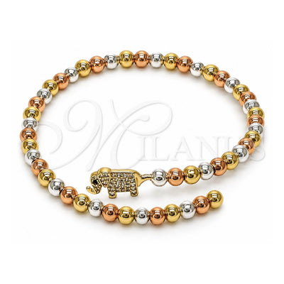 Oro Laminado Individual Bangle, Gold Filled Style Elephant and Ball Design, with White Cubic Zirconia, Polished, Tricolor, 07.411.0002 (05 MM Thickness, One size fits all)