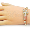 Oro Laminado Fancy Bracelet, Gold Filled Style San Benito and Flower Design, with White Cubic Zirconia, Polished, Tricolor, 03.411.0052.08 (06 MM Thickness, 8 Inches Length)