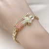 Oro Laminado Fancy Bracelet, Gold Filled Style San Benito and Flower Design, with White Cubic Zirconia, Polished, Tricolor, 03.411.0052.08 (06 MM Thickness, 8 Inches Length)