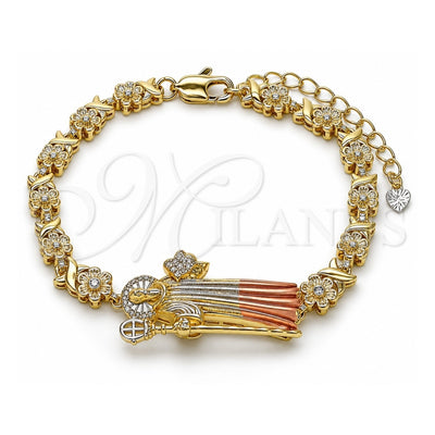 Oro Laminado Fancy Bracelet, Gold Filled Style San Benito and Flower Design, with White Cubic Zirconia, Polished, Tricolor, 03.411.0052.08 (06 MM Thickness, 8 Inches Length)