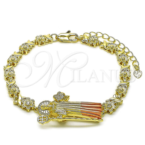 Oro Laminado Fancy Bracelet, Gold Filled Style San Benito and Flower Design, with White Cubic Zirconia, Polished, Tricolor, 03.411.0052.08 (06 MM Thickness, 8 Inches Length)