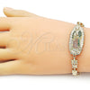 Oro Laminado Fancy Bracelet, Gold Filled Style Guadalupe and Flower Design, with White and Garnet Cubic Zirconia, Polished, Golden Finish, 03.411.0053.08 (06 MM Thickness, 8 Inches Length)