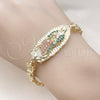 Oro Laminado Fancy Bracelet, Gold Filled Style Guadalupe and Flower Design, with White and Garnet Cubic Zirconia, Polished, Golden Finish, 03.411.0053.08 (06 MM Thickness, 8 Inches Length)