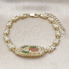 Oro Laminado Fancy Bracelet, Gold Filled Style Guadalupe and Flower Design, with White and Garnet Cubic Zirconia, Polished, Golden Finish, 03.411.0053.08 (06 MM Thickness, 8 Inches Length)