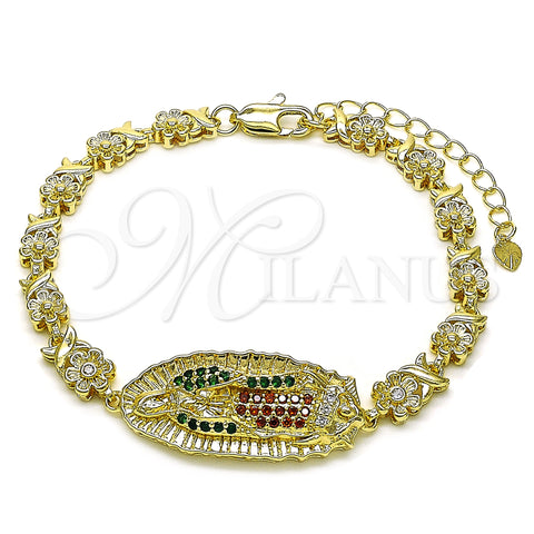 Oro Laminado Fancy Bracelet, Gold Filled Style Guadalupe and Flower Design, with White and Garnet Cubic Zirconia, Polished, Golden Finish, 03.411.0053.08 (06 MM Thickness, 8 Inches Length)