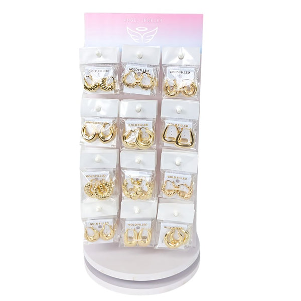 Gold Filled Hoop Earrings — Small Rotating Display 60 Puff Hoops with Free — main product view — SKU 157185 | Oro Laminado aretes de aro — Small Rotating Display 60 Puff Hoops with Free — SKU 157185