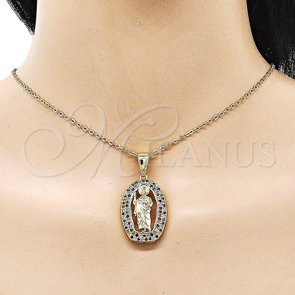 Gold Filled Pendant — Religious Pendant San Judas Design with Multicolor Cubic — alternate product view — SKU 157201 | Oro Laminado dije — Religious Pendant San Judas diseño with Multicolor Cubic — SKU 157201