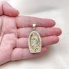 Oro Laminado Religious Pendant, Gold Filled Style Guadalupe Design, with White Cubic Zirconia, Polished, Golden Finish, 05.411.0071