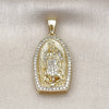 Oro Laminado Religious Pendant, Gold Filled Style Guadalupe Design, with White Cubic Zirconia, Polished, Golden Finish, 05.411.0071