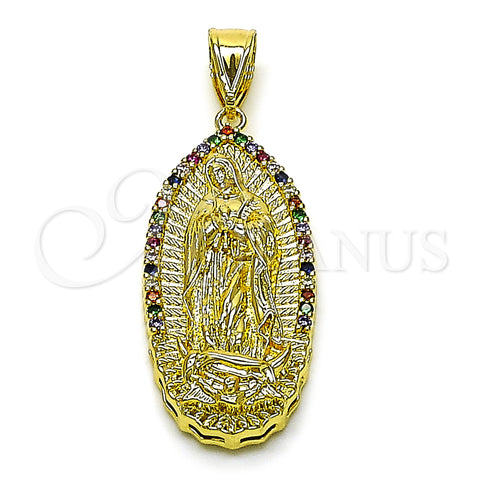 Oro Laminado Religious Pendant, Gold Filled Style Guadalupe Design, with Multicolor Cubic Zirconia, Diamond Cutting Finish, Golden Finish, 05.411.0072