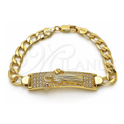Oro Laminado ID Bracelet, Gold Filled Style San Benito Design, with White Cubic Zirconia, Polished, Golden Finish, 03.411.0056.08 (12 MM Thickness, 8 Inches Length)