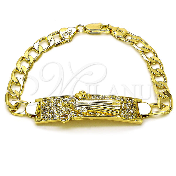 Oro Laminado ID Bracelet, Gold Filled Style San Benito Design, with White Cubic Zirconia, Polished, Golden Finish, 03.411.0056.08 (12 MM Thickness, 8 Inches Length)