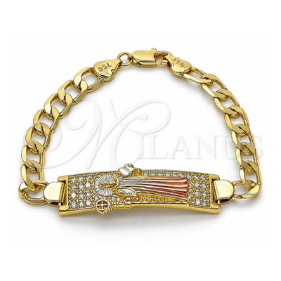 Oro Laminado ID Bracelet, Gold Filled Style San Benito and Curb Design, with White Cubic Zirconia, Polished, Tricolor, 03.411.0056.1.08 (12 MM Thickness, 8 Inches Length)