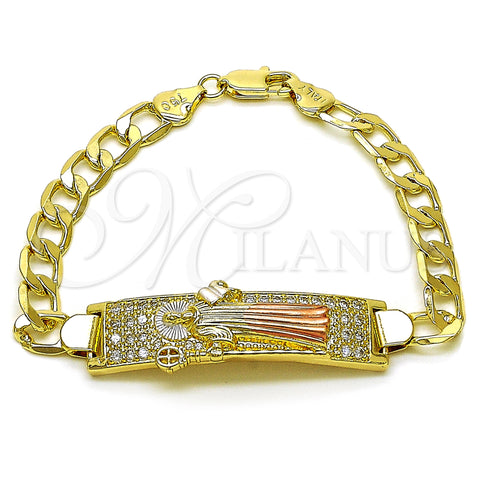 Oro Laminado ID Bracelet, Gold Filled Style San Benito and Curb Design, with White Cubic Zirconia, Polished, Tricolor, 03.411.0056.1.08 (12 MM Thickness, 8 Inches Length)