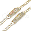 Oro Laminado ID Bracelet, Gold Filled Style San Benito and Curb Design, with White Cubic Zirconia, Polished, Tricolor, 03.411.0056.1.08 (12 MM Thickness, 8 Inches Length)