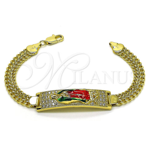 Oro Laminado ID Bracelet, Gold Filled Style Guadalupe and Miami Cuban Design, with White Cubic Zirconia, Polished, Tricolor, 03.411.0057.08 (12 MM Thickness, 8 Inches Length)