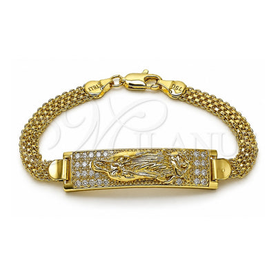 Oro Laminado ID Bracelet, Gold Filled Style Guadalupe and Bismark Design, with White Cubic Zirconia, Polished, Golden Finish, 03.411.0059.07 (12 MM Thickness, 8 Inches Length)