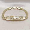 Oro Laminado ID Bracelet, Gold Filled Style San Judas and Bismark Design, with White Cubic Zirconia, Polished, Golden Finish, 03.411.0060.08 (12 MM Thickness, 8 Inches Length)