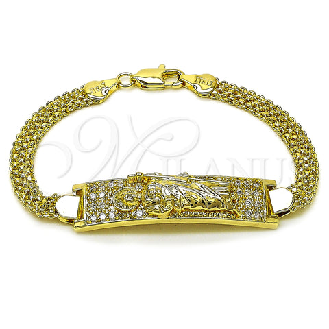 Oro Laminado ID Bracelet, Gold Filled Style San Judas and Bismark Design, with White Cubic Zirconia, Polished, Golden Finish, 03.411.0060.08 (12 MM Thickness, 8 Inches Length)
