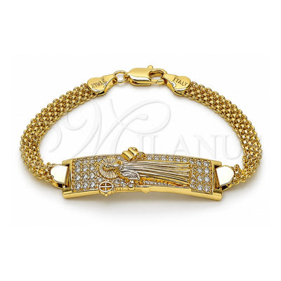 Oro Laminado ID Bracelet, Gold Filled Style San Benito and Bismark Design, with White Cubic Zirconia, Polished, Golden Finish, 03.411.0061.07 (12 MM Thickness, 8 Inches Length)