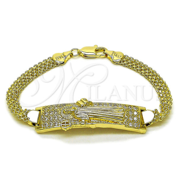 Oro Laminado ID Bracelet, Gold Filled Style San Benito and Bismark Design, with White Cubic Zirconia, Polished, Golden Finish, 03.411.0061.07 (12 MM Thickness, 8 Inches Length)