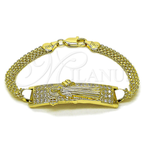 Oro Laminado ID Bracelet, Gold Filled Style San Benito and Bismark Design, with White Cubic Zirconia, Polished, Golden Finish, 03.411.0061.07 (12 MM Thickness, 8 Inches Length)