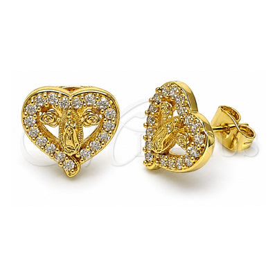 Oro Laminado Stud Earring, Gold Filled Style Heart and Guadalupe Design, with White Cubic Zirconia, Polished, Golden Finish, 02.411.0052