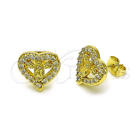 Oro Laminado Stud Earring, Gold Filled Style Heart and Guadalupe Design, with White Cubic Zirconia, Polished, Golden Finish, 02.411.0052