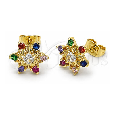 Oro Laminado Stud Earring, Gold Filled Style Flower Design, with Multicolor Cubic Zirconia, Polished, Golden Finish, 02.411.0054
