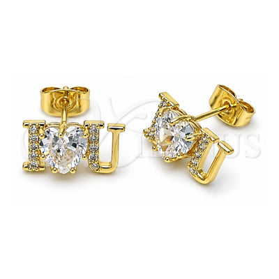 Oro Laminado Stud Earring, Gold Filled Style Love and Heart Design, with White Cubic Zirconia, Polished, Golden Finish, 02.411.0057