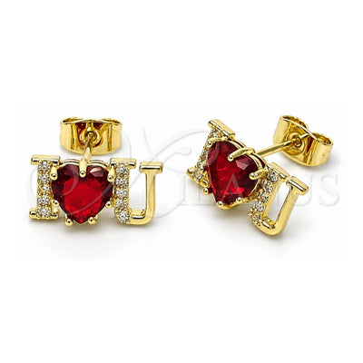 Oro Laminado Stud Earring, Gold Filled Style Love and Heart Design, with Garnet and White Cubic Zirconia, Polished, Golden Finish, 02.411.0057.1