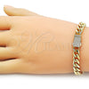 Oro Laminado Fancy Bracelet, Gold Filled Style Miami Cuban Design, with White Micro Pave, Polished, Golden Finish, 03.156.0040.07 (08 MM Thickness, 7 Inches Length)