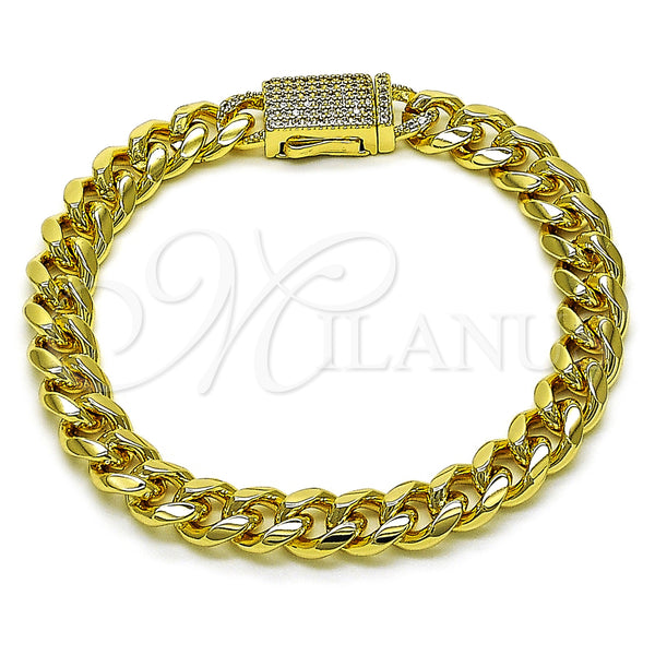 Oro Laminado Fancy Bracelet, Gold Filled Style Miami Cuban Design, with White Micro Pave, Polished, Golden Finish, 03.156.0040.07 (08 MM Thickness, 7 Inches Length)