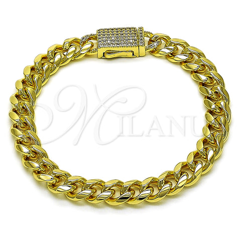 Oro Laminado Fancy Bracelet, Gold Filled Style Miami Cuban Design, with White Micro Pave, Polished, Golden Finish, 03.156.0040.07 (08 MM Thickness, 7 Inches Length)