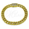 Oro Laminado Fancy Bracelet, Gold Filled Style Miami Cuban Design, with White Micro Pave, Polished, Golden Finish, 03.156.0040.07 (08 MM Thickness, 7 Inches Length)