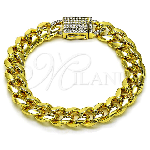 Oro Laminado Fancy Bracelet, Gold Filled Style Miami Cuban Design, with White Micro Pave, Polished, Golden Finish, 03.156.0041.07 (10 MM Thickness, 7 Inches Length)
