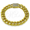 Oro Laminado Fancy Bracelet, Gold Filled Style Miami Cuban Design, with White Micro Pave, Polished, Golden Finish, 03.156.0041.07 (10 MM Thickness, 7 Inches Length)