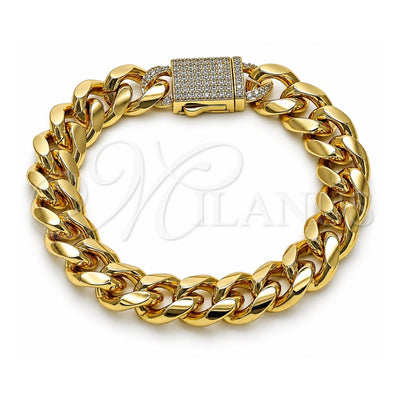 Oro Laminado Fancy Bracelet, Gold Filled Style Miami Cuban and Box Lock Design, with White Micro Pave, Polished, Golden Finish, 03.156.0042.08 (12 MM Thickness, 8 Inches Length)