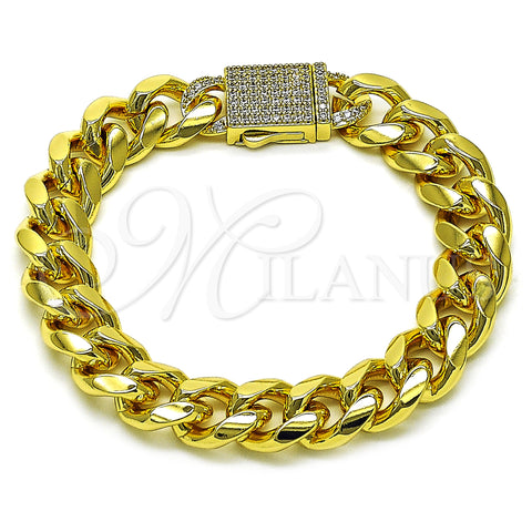 Oro Laminado Fancy Bracelet, Gold Filled Style Miami Cuban Design, with White Micro Pave, Polished, Golden Finish, 03.156.0042.08 (12 MM Thickness, 8 Inches Length)