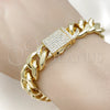 Oro Laminado Fancy Bracelet, Gold Filled Style Miami Cuban and Box Lock Design, with White Cubic Zirconia, Polished, Golden Finish, 03.156.0043.09 (14 MM Thickness, 9 Inches Length)