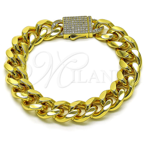 Oro Laminado Fancy Bracelet, Gold Filled Style Miami Cuban Design, with White Cubic Zirconia, Polished, Golden Finish, 03.156.0043.09 (14 MM Thickness, 9 Inches Length)