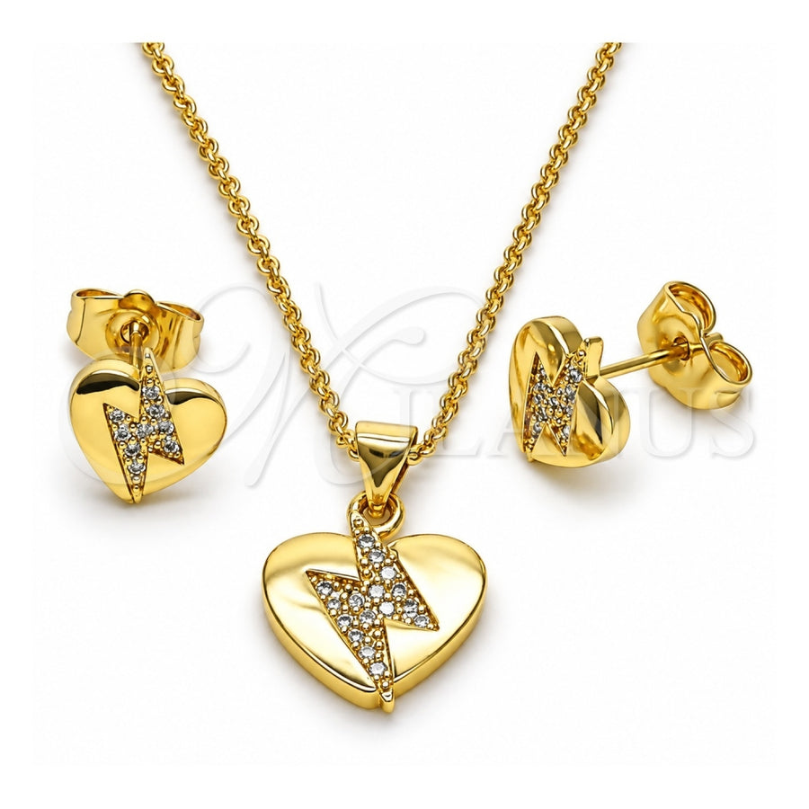 Oro Laminado Earring and Pendant Adult Set, Gold Filled Style Heart Design, with White Cubic Zirconia, Polished, Golden Finish, 10.156.0494