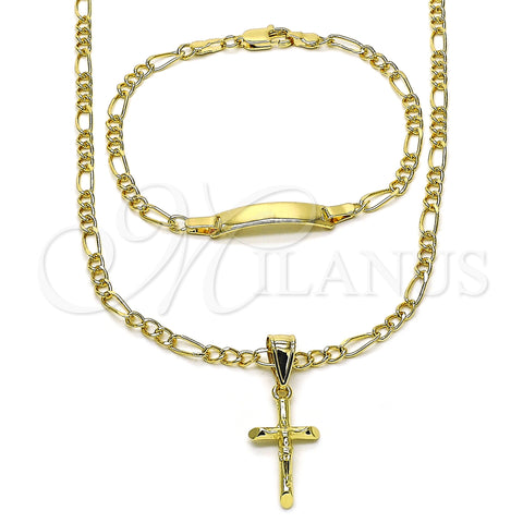 Oro Laminado Necklace and Bracelet, Gold Filled Style Figaro and Crucifix Design, Polished, Golden Finish, 06.63.0270