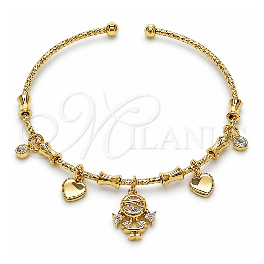 Oro Laminado Individual Bangle, Gold Filled Style Little Girl and Heart Design, with White Cubic Zirconia, Polished, Golden Finish, 07.60.0024 (04 MM Thickness, One size fits all)
