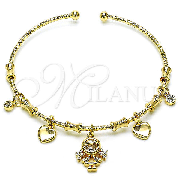Oro Laminado Individual Bangle, Gold Filled Style Little Girl and Heart Design, with White Cubic Zirconia, Polished, Golden Finish, 07.60.0024 (04 MM Thickness, One size fits all)