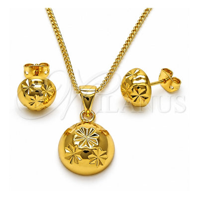 Oro Laminado Earring and Pendant Adult Set, Gold Filled Style Ball Design, Diamond Cutting Finish, Golden Finish, 10.342.0195