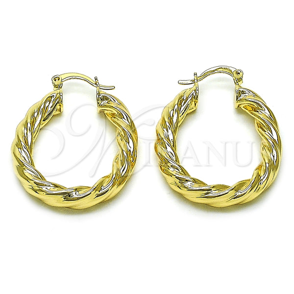 Oro Laminado Medium Hoop, Gold Filled Style Twist and Hollow Design, Polished, Golden Finish, 02.170.0494.30
