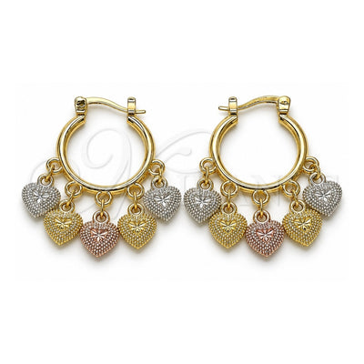 Oro Laminado Small Hoop, Gold Filled Style Heart Design, Diamond Cutting Finish, Tricolor, 02.170.0497.20