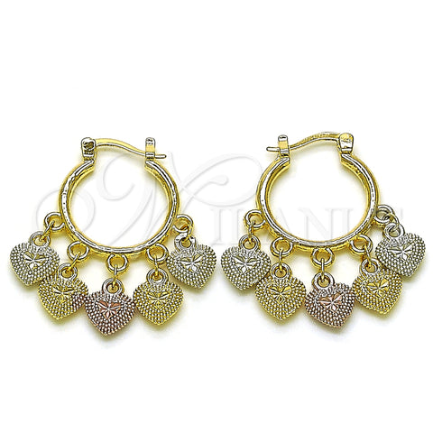 Oro Laminado Small Hoop, Gold Filled Style Heart Design, Diamond Cutting Finish, Tricolor, 02.170.0497.20