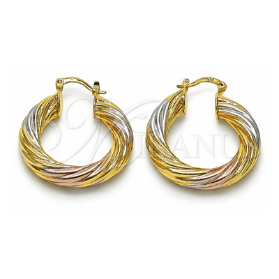 Oro Laminado Medium Hoop, Gold Filled Style Twist and Hollow Design, Polished, Tricolor, 02.170.0347.30